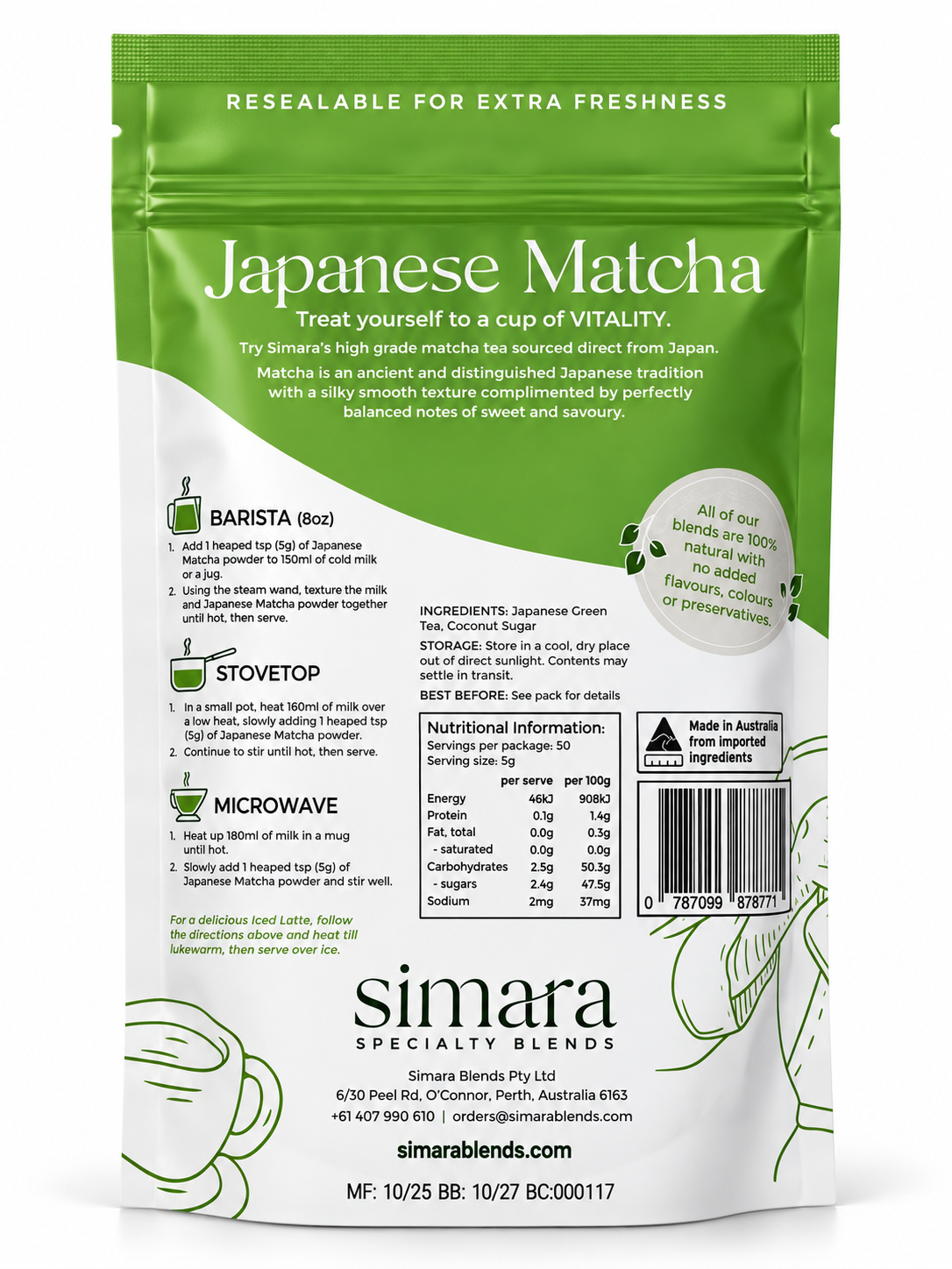 Marziali Premium Matcha tè verde 250 g cocco